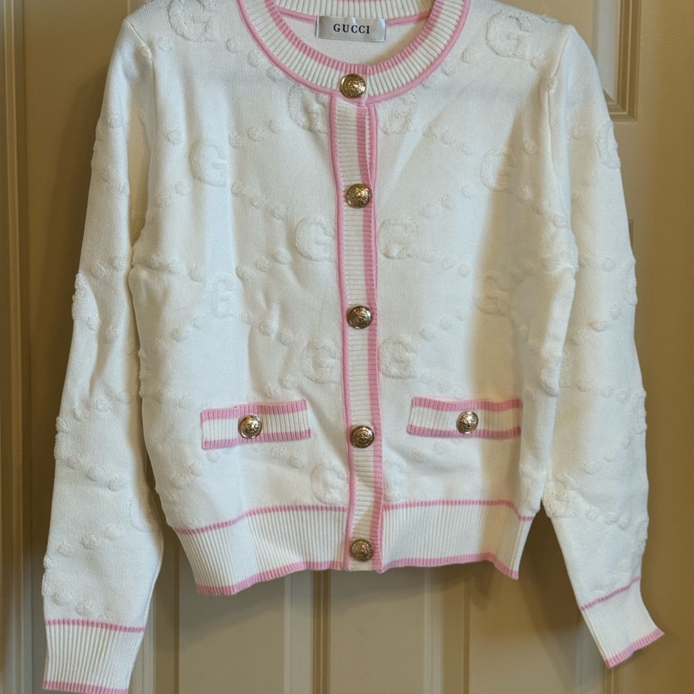Iconic GG Pink and White Knit Cardigan
